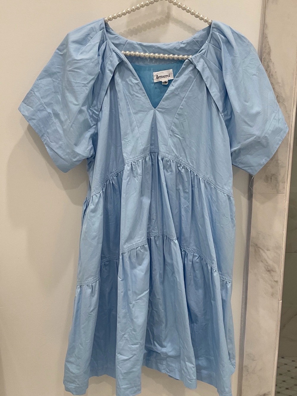 🔴&merci Blue Puff-Sleeve Tiered Dress🔴
